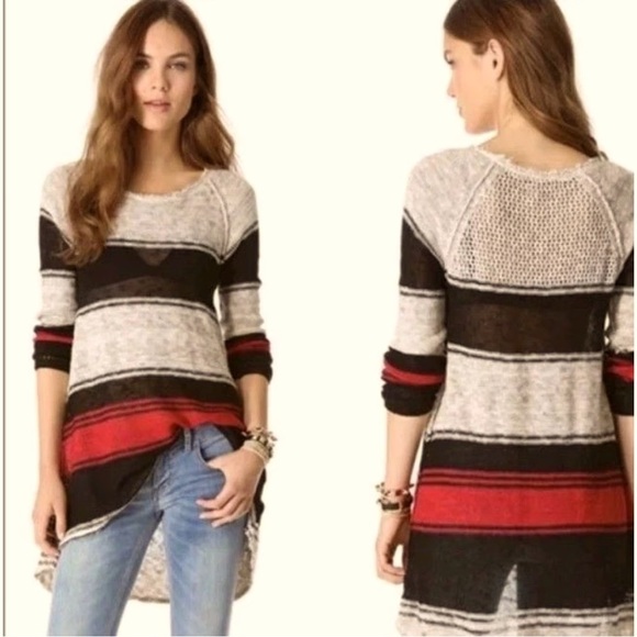 Free People Blocks of Stripes Black and Red High Low Crew Neck Sweater - Picture 1 of 6